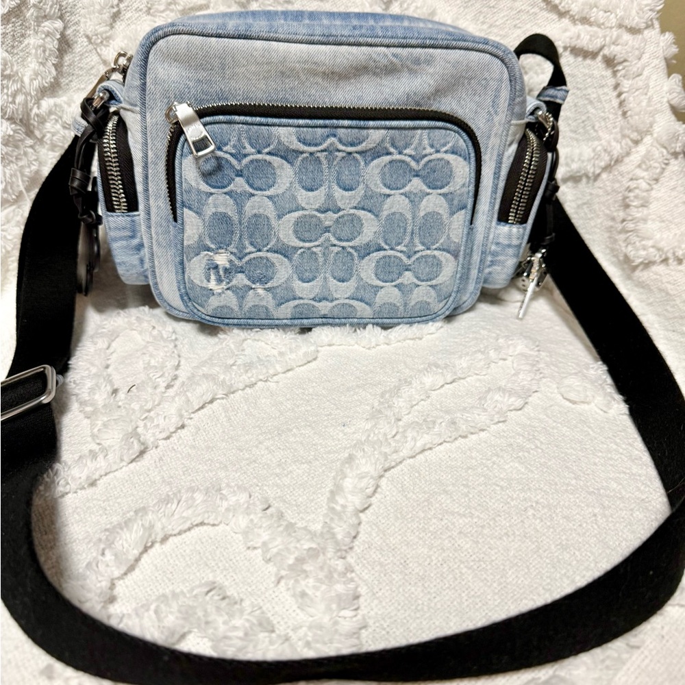 Coach Light Blue Denim Signature Crossbody with Black Strap